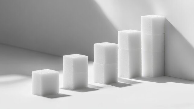 Stacked white sugar cubes form a graph, highlighting sugar consumption risks and promoting awareness of sugar free lifestyles