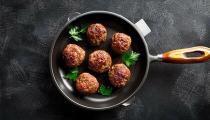 fried beef meatballs on pan top view