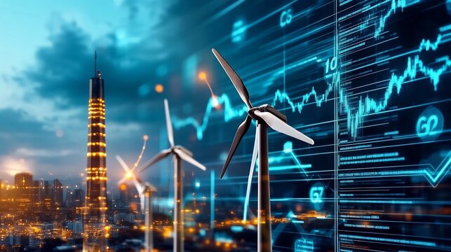Digital Ticker Overlaid with Symbols of Clean Energy Investments