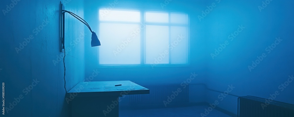 Poster a dimly lit, foggy room with a lamp and a table, creating a mysterious atmosphere.
