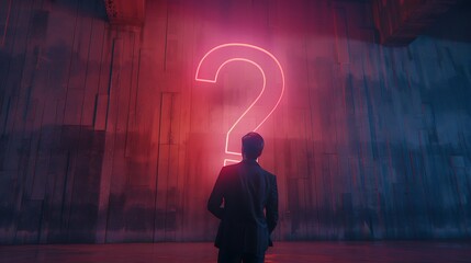 Obraz premium A figure stands in front of a glowing pink question mark, symbolizing curiosity and the search for answers amidst a dark, moody backdrop.