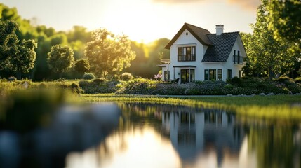 Modern House by a Lake in a Lush Green Landscape