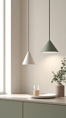 A modern interior featuring pendant lights, a glass, and a plant on a minimalist table.