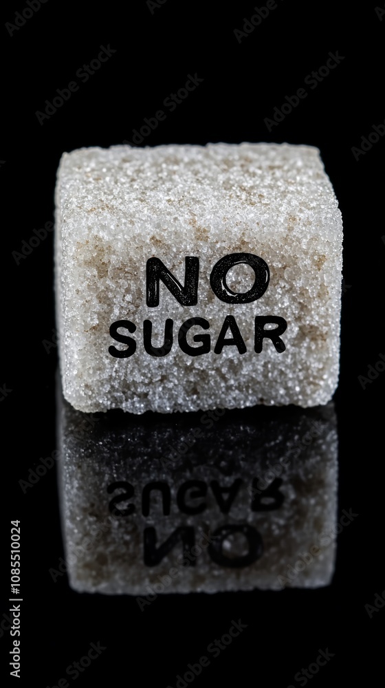 Poster single sugar cube with no sugar printed on its surface, reflected on a dark background, promoting a 