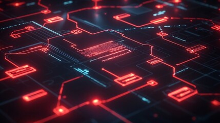 Fraud Investigation Flowchart Tracing Complex Financial Transactions in a Glowing Red Web