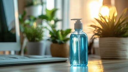 Blue liquid soap bottle on a desk with plants.