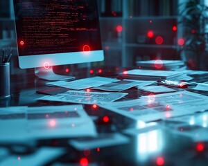 Futuristic Office Desk with Glowing Financial Documents and Real Time Fraud Detection Markers