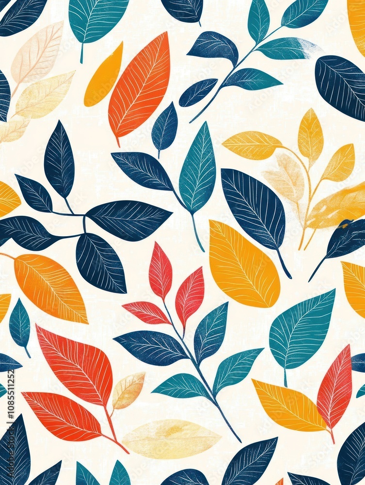 Aufkleber a colorful pattern of leaves in various shapes and sizes against a light background.