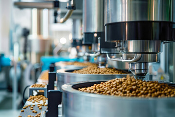 Automated conveyor system in a factory producing dry pet food for cats or dogs, showcasing the industrial process of manufacturing meals with efficiency and precision.