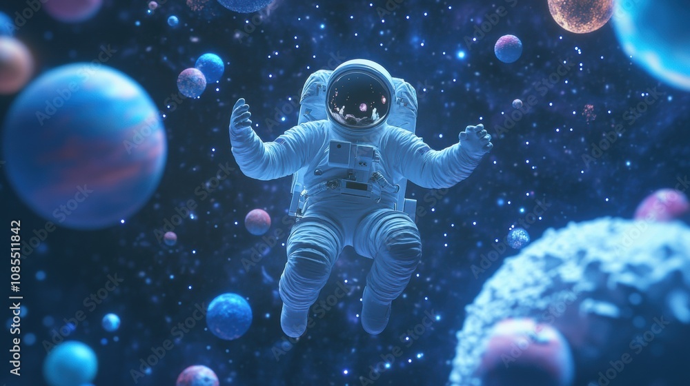 Wall mural astronaut floating in space surrounded by colorful planets and cosmic objects, capturing the vastnes