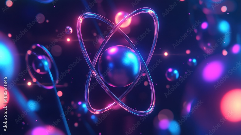 Poster futuristic atomic structure with glowing particles in vibrant colors, depicting the concept of scien