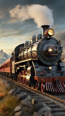 Naklejka premium Illustration of the concept of Vintage polar express train traveling by historic fort on the hill, 