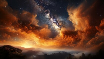 Fototapeta premium swirling clouds of orange and gold fill the night sky creating a cosmic display of beauty and mystery with scattered stars twinkling throughout the scene