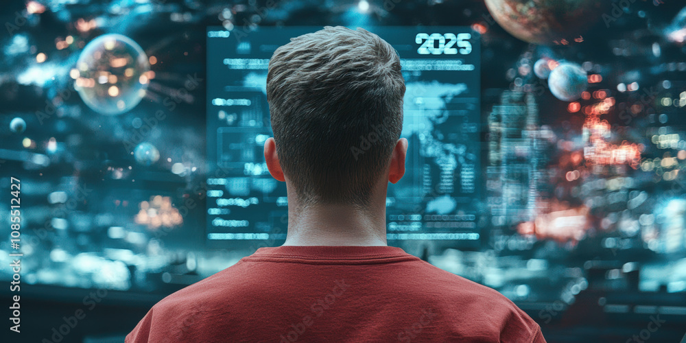 Poster a person gazes at a futuristic digital interface displaying cosmic elements and data, suggesting adv