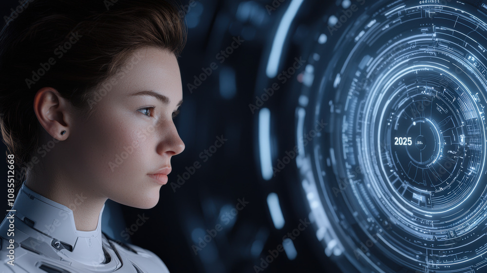 Poster a futuristic scene featuring a woman gazing intently at a high-tech interface displaying intricate d