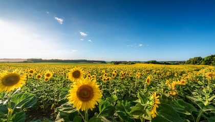 vibrant sunflower field under clear blue skies capturing the joyful essence of rural farming life and good vibes in a lush agricultural landscape