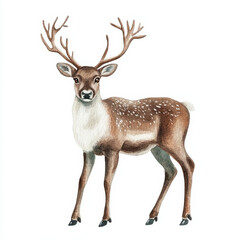 Watercolor illustration of reindeer with antlers, standing gracefully. This artwork captures beauty of nature and wildlife