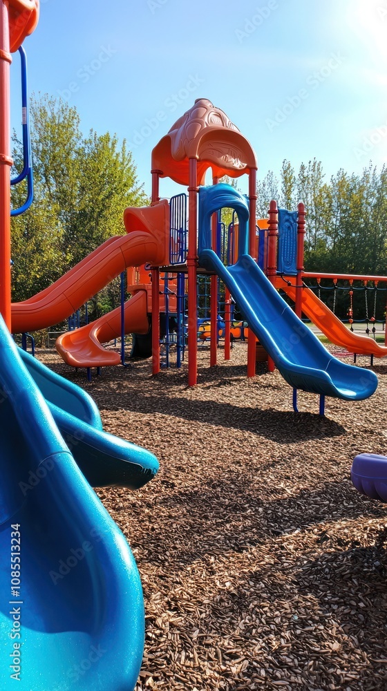 Poster a colorful playground with slides and climbing structures for children's recreation.
