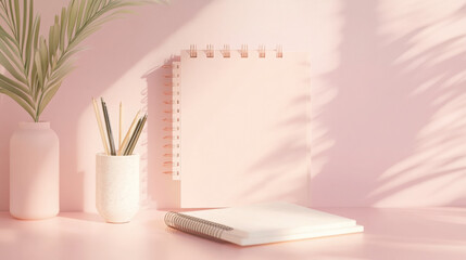 Aesthetic pink workspace with notebooks and plant for inspiration