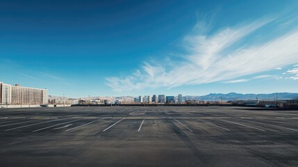 Bright and open parking lot with a sprawling cityscape in the background, blue sky and few wispy clouds.