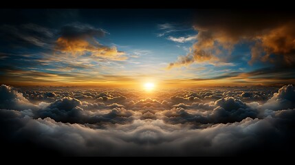 A panoramic view from a high mountain, where the lower half of the frame is filled with dark, blurry clouds and the upper half captures the brilliant, expansive horizon of a sunlit sky, symbolizing 