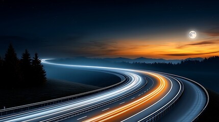 A time-lapse photo of a busy highway with car lights moving in a continuous flow, showing the forward momentum of both vehicles and life itself, representing the constant motion of time. Ultra-Realist