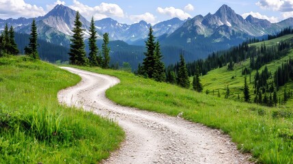 Fototapeta premium Winding Mountain Road Journey Through Lush Greenery Scenic Landscape Nature Photography Serene Environment Outdoor Adventure