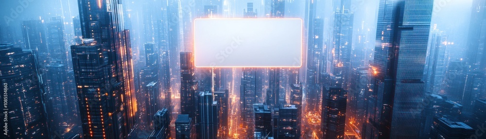 Poster a futuristic cityscape with glowing skyscrapers and an empty rectangular space for text.