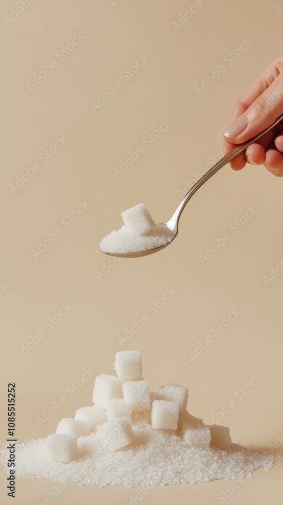 Poster hand holds a spoon full of granulated sugar over a small pyramid of sugar cubes resting on a bed of 