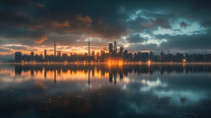 Fototapeta premium Serene Evening Cityscape with Illuminated Skyline and Reflections on Calm Water Against Dramatic Cloudy Sky in Urban Environment