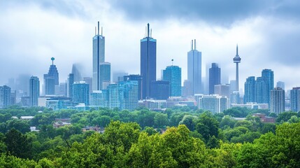 Obraz premium A Stunning View of a Modern City Skyline with Skyscrapers, Trees, and Clouds Under a Dramatic Sky Capturing Urban Life and Nature Harmony