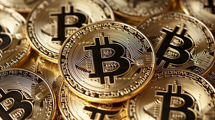 close up of bitcoin coins in a front view