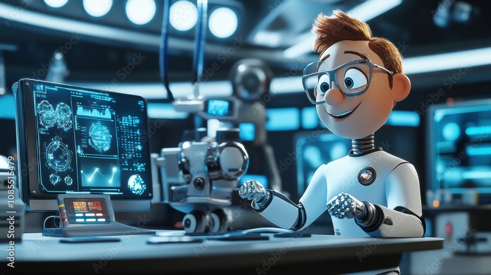 Poster cheerful young scientist with glasses working on a futuristic computer in a high-tech laboratory sur