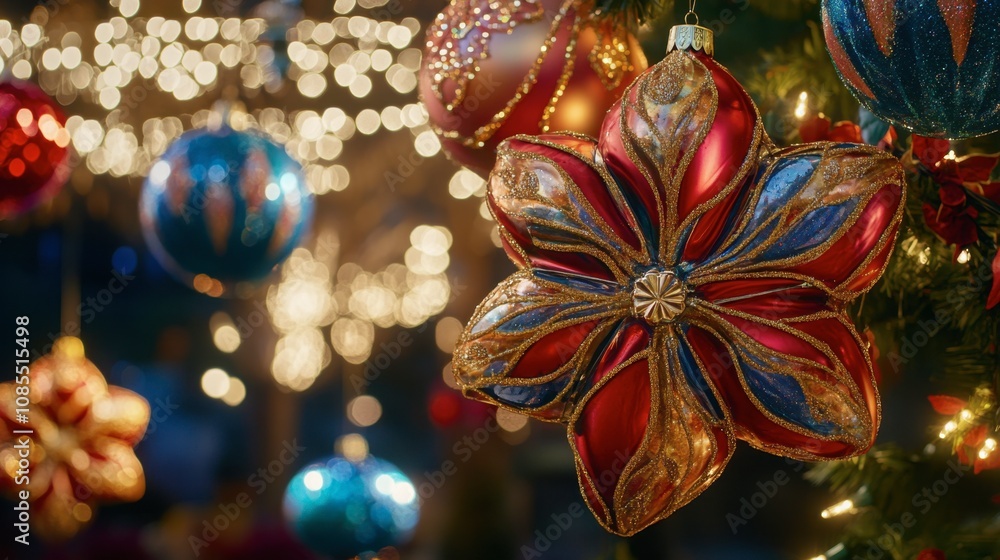 Poster festive christmas ornaments with colorful design and soft glowing bokeh background creating a joyful