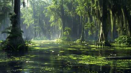 Obraz premium Swampy Forest with Sunlight