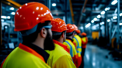 Obraz premium A group of workers in safety gear, including bright orange helmets and jackets, stands in a factory, emphasizing teamwork and safety in an industrial setting.