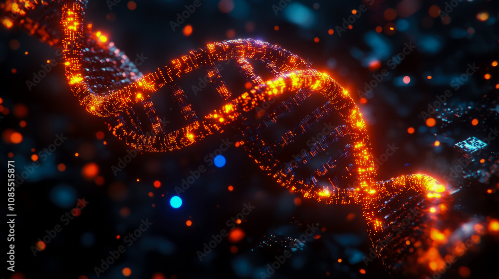 Poster a vibrant 3d model of a dna double helix emits a warm glow amid a dark, abstract background that fea