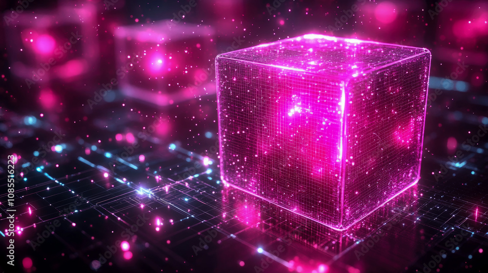 Poster a vibrant glowing cube emits bright pink light while surrounded by sparkling particles in a digital 