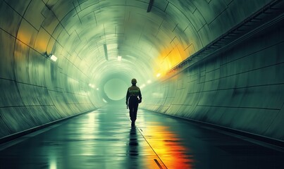 Obraz premium A worker in a hard hat walks in an empty illuminated tunnel.