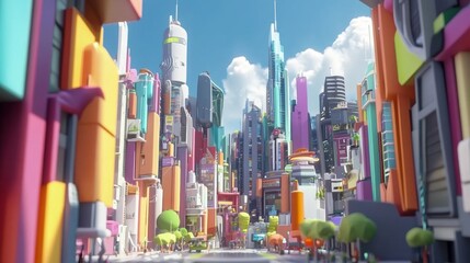 Vibrant Cityscape of a Futuristic Urban Environment Featuring Tall Skyscrapers, Colorful Buildings, and Lush Greenery Under a Bright Blue Sky with Fluffy Clouds