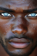 A young man is captured in a close-up, showcasing his mesmerizing blue eyes and glistening skin, emphasizing his strong and captivating features