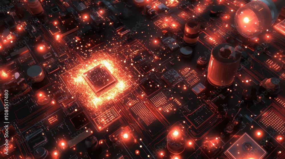 Poster abstract close-up of a futuristic circuit board with glowing elements and intricate patterns, showca