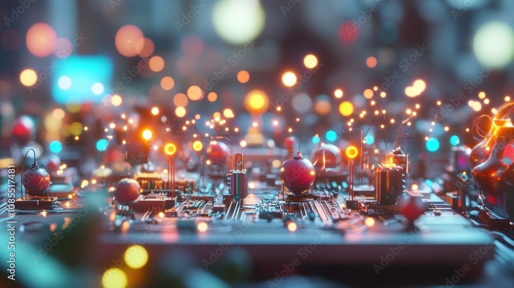 Poster abstract close-up view of a futuristic circuit board with colorful lights and sparkling effects, rep