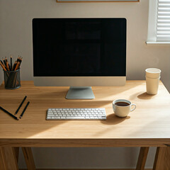 Mesa de trabalho com computador e café.
