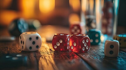 Close-up of a variety of dice and game pieces on a wooden table, with soft lighting creating a cozy vibe.