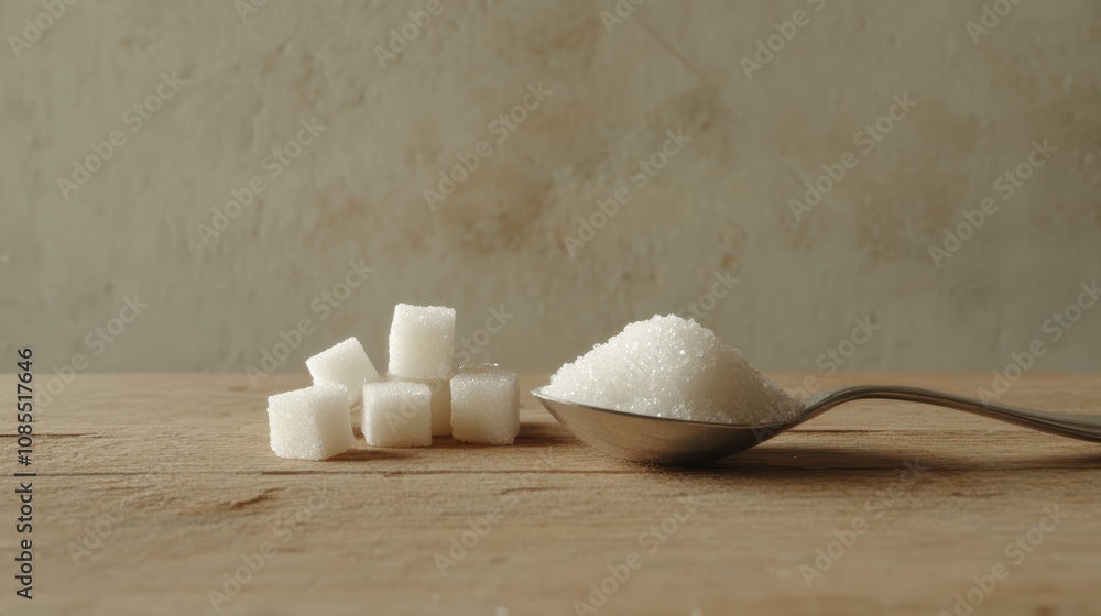 Poster several sugar cubes are placed on a wooden table next to a spoon full of granulated sugar, highlight