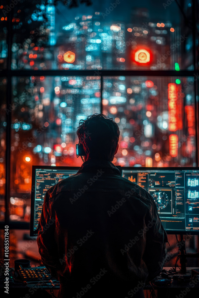 Aufkleber the individual focuses on multiple computer screens in a dimly lit room, surrounded by a dazzling ci