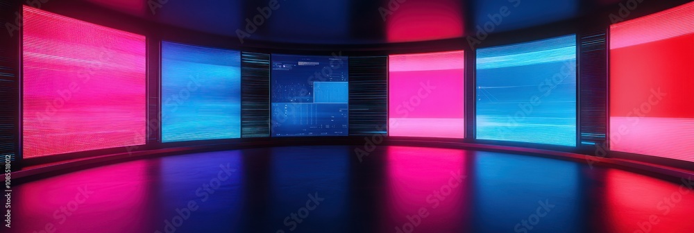 Poster a futuristic digital space with colorful screens, suggesting technology and data visualization.