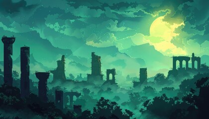 Ruins of an Ancient City Under a Full Moon in a Misty Green Forest
