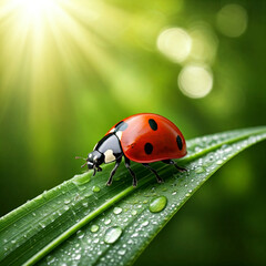 Joaninha na floresta com chuva.